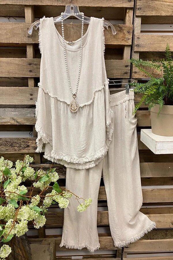 Sleeveless Casual Linen Vest+Pants