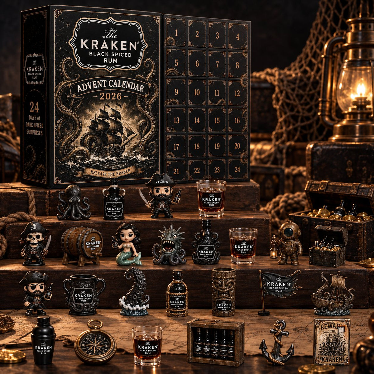 24-Day Kraken Rum Mini-Bottle Advent Calendar Set – Holiday Bar Display, Collectible Gift for Rum Lovers, Christmas Countdown & Festive Decor