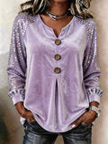 Women's Velvet Sequin Sleeve Button-Front Top – Sparkle Detail Blouse
