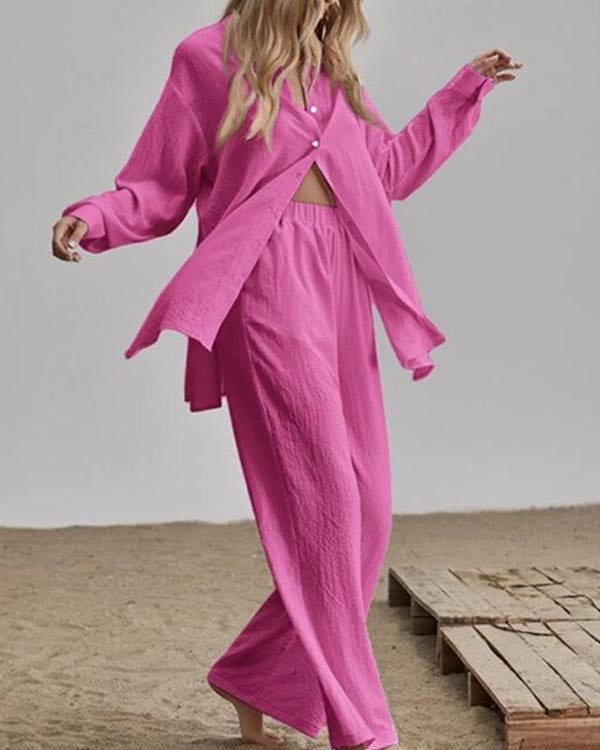 Linen Solid Slit Cardigan and Wide-Leg Pant Suits
