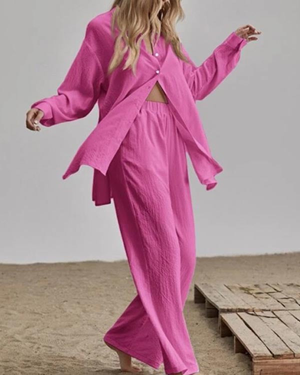 Linen Solid Slit Cardigan and Wide-Leg Pant Suits