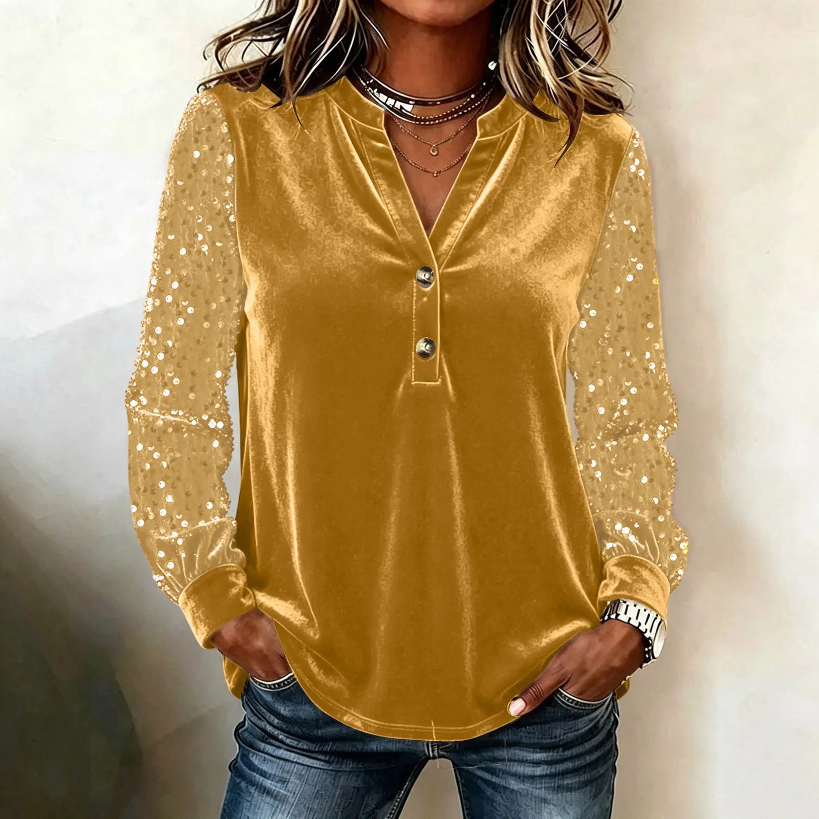 Women's Velvet V-Neck Sequin Sleeve Top - Two-Button Party Blouse