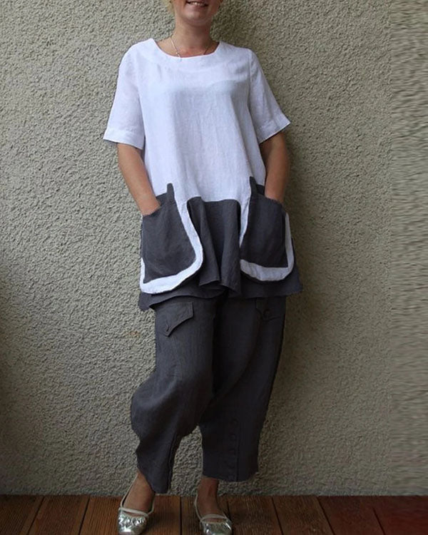 Cotton And Linen Short Sleeve Big Pocket Women's Suit