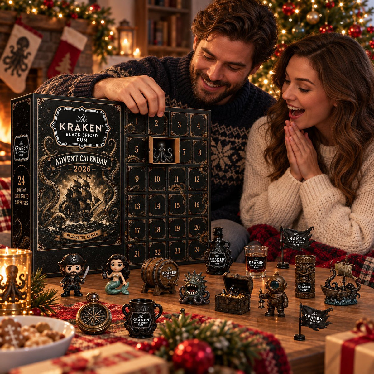 24-Day Kraken Rum Mini-Bottle Advent Calendar Set – Holiday Bar Display, Collectible Gift for Rum Lovers, Christmas Countdown & Festive Decor