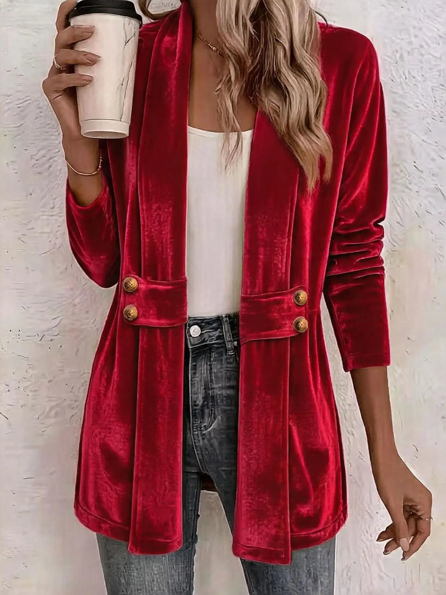 Women's Velvet Open-Front Longline Cardigan – Button Pocket Detail