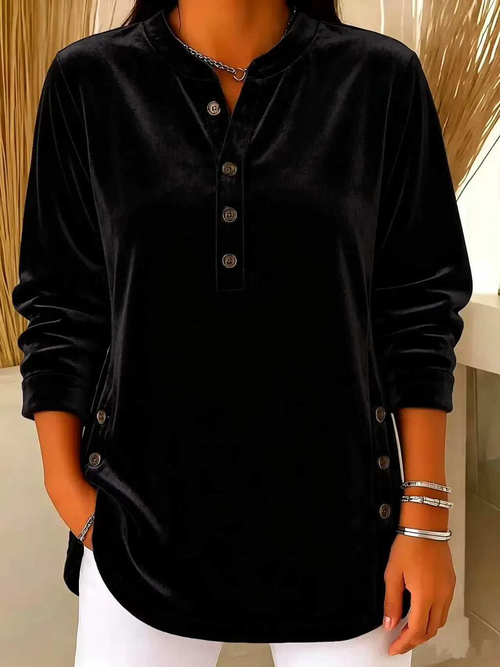 Women's Velvet Button-Front Long Sleeve Top – Relaxed Fit Henley Blouse