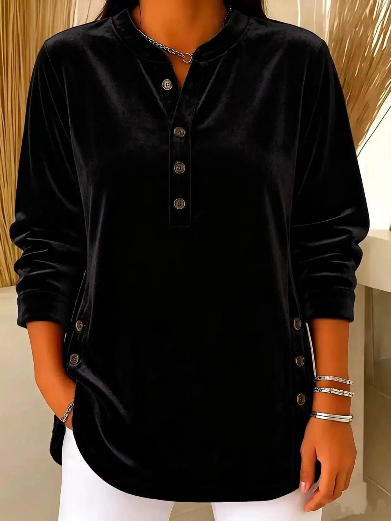 Women's Velvet Button-Front Long Sleeve Top – Relaxed Fit Henley Blouse
