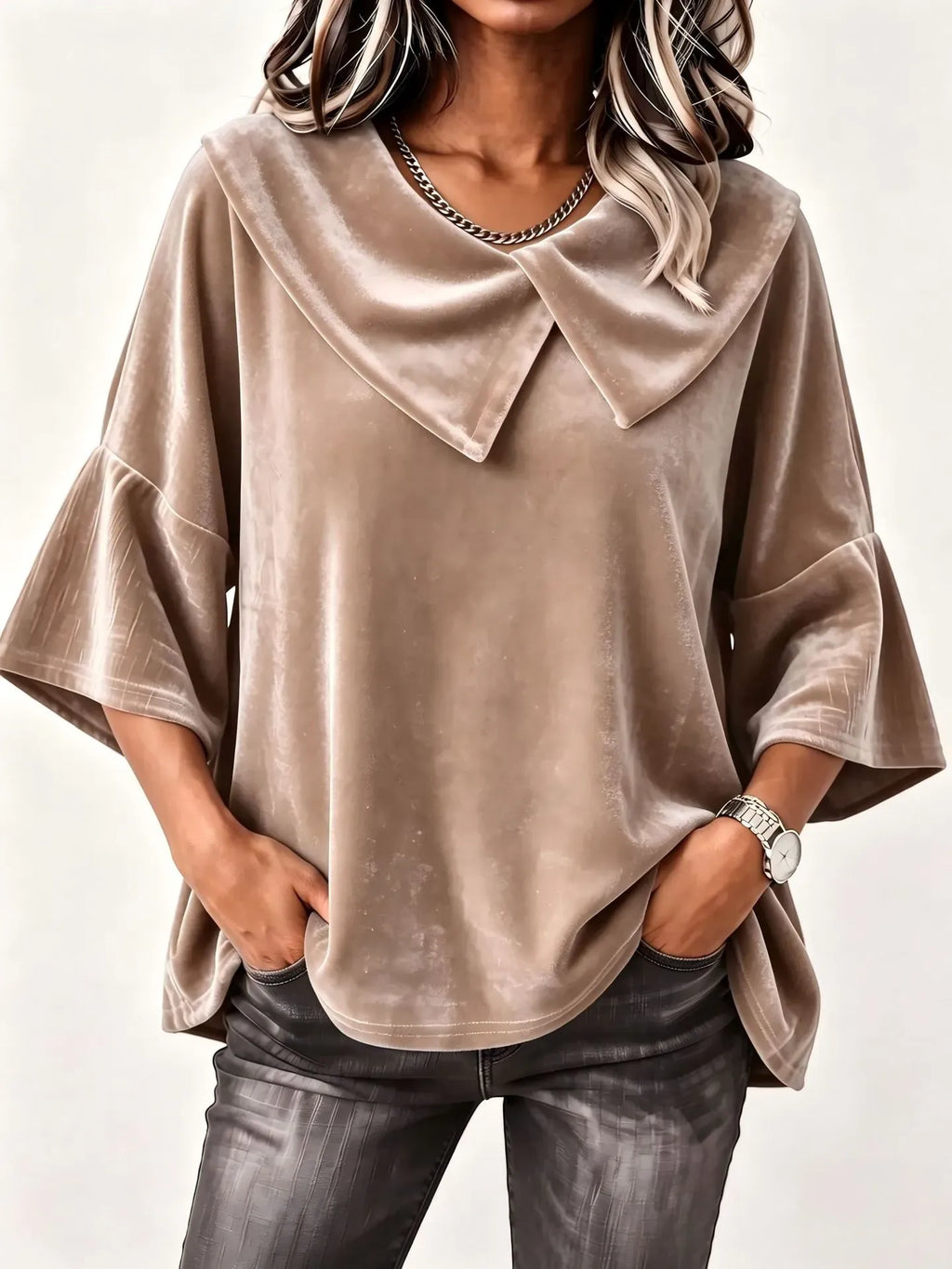 Women's Velvet Button-Front Collared Top - Relaxed Long Sleeve