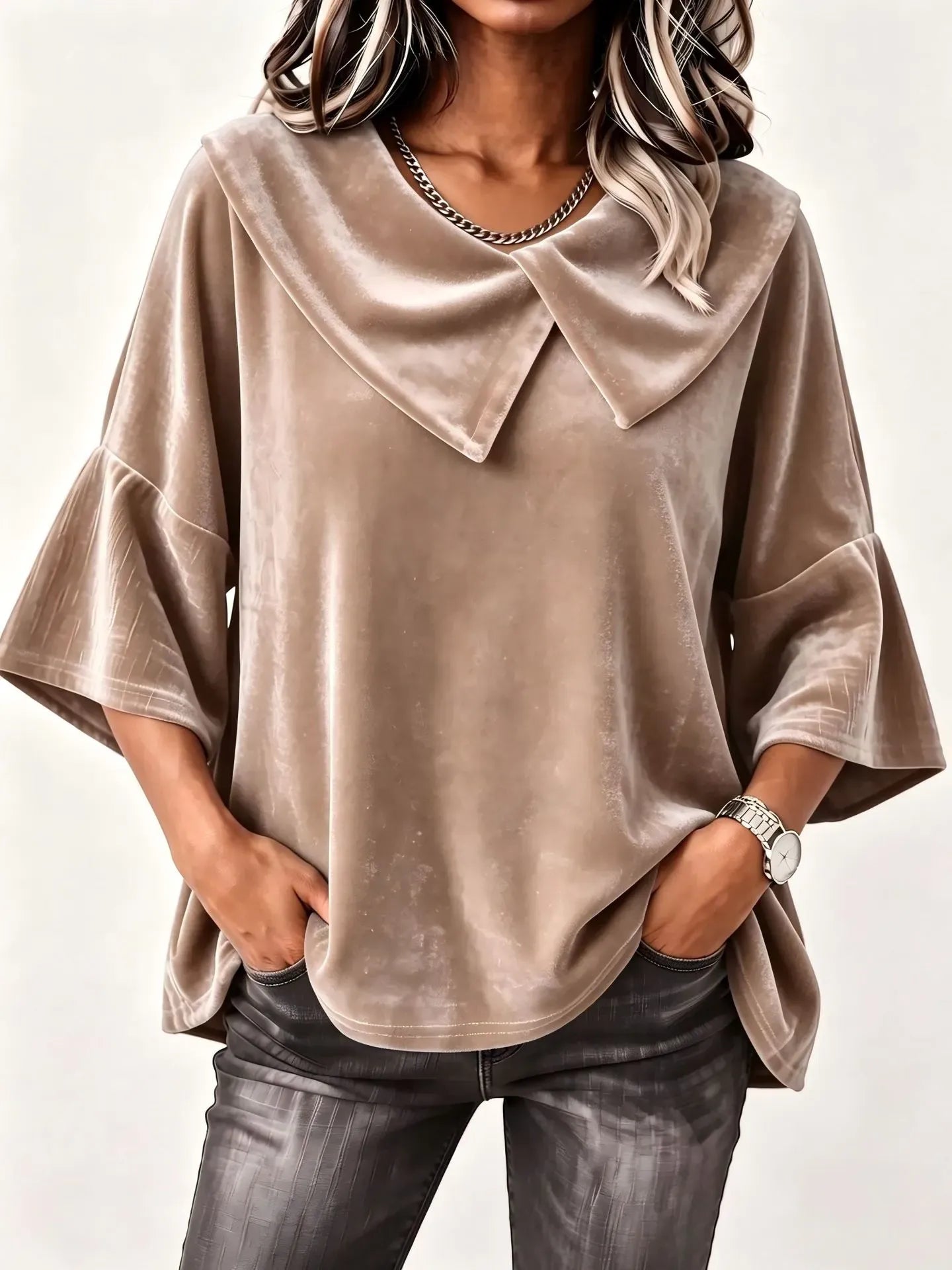 Women's Velvet Button-Front Collared Top - Relaxed Long Sleeve