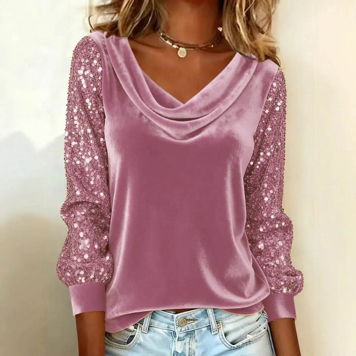 Women's Velvet Cowl-Neck Sequin Sleeve Top - Party Ready
