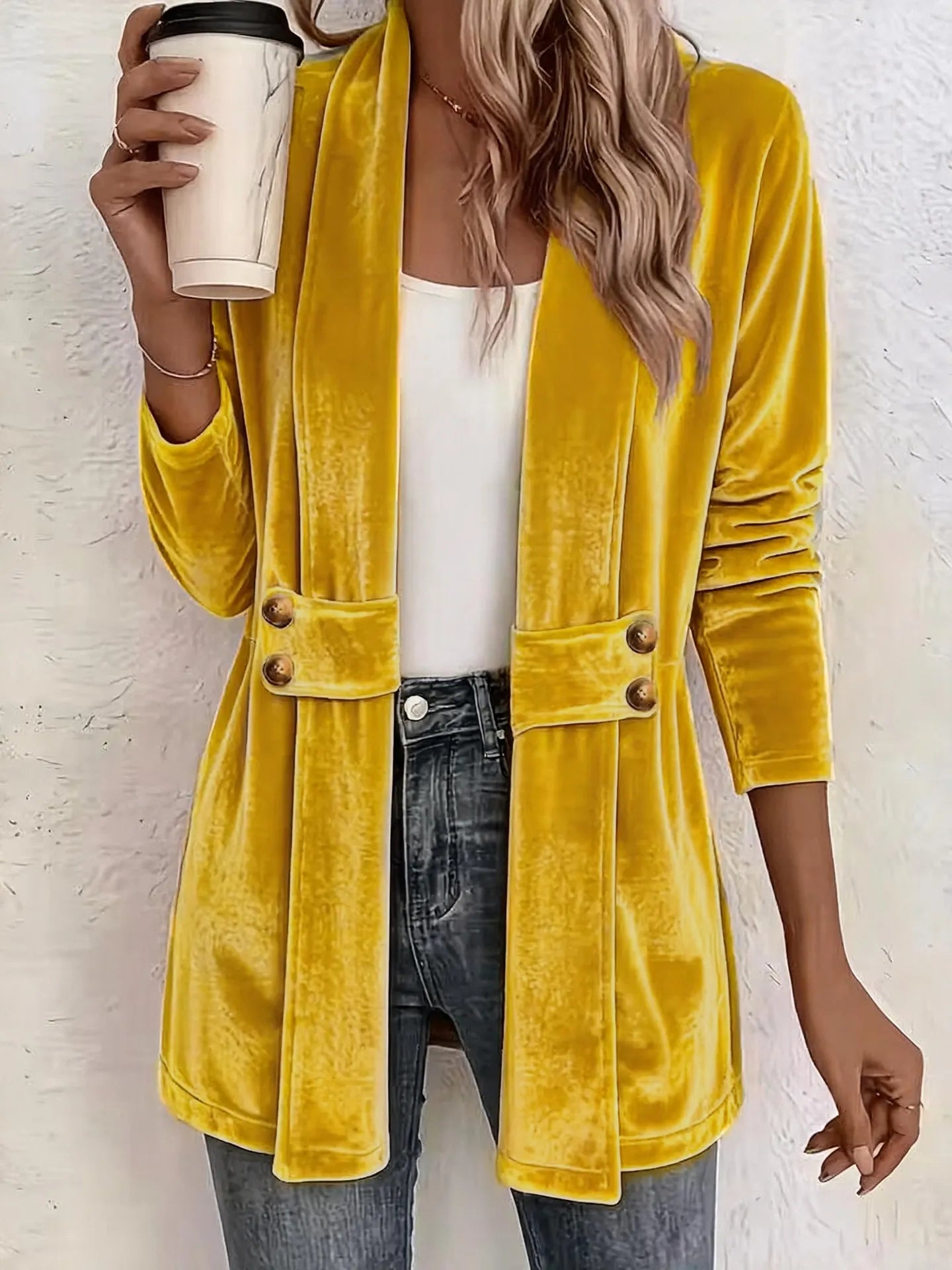 Women's Velvet Open-Front Longline Cardigan – Button Pocket Detail