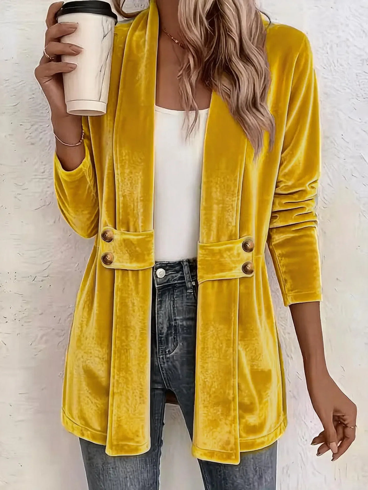 Women's Velvet Open-Front Longline Cardigan – Button Pocket Detail