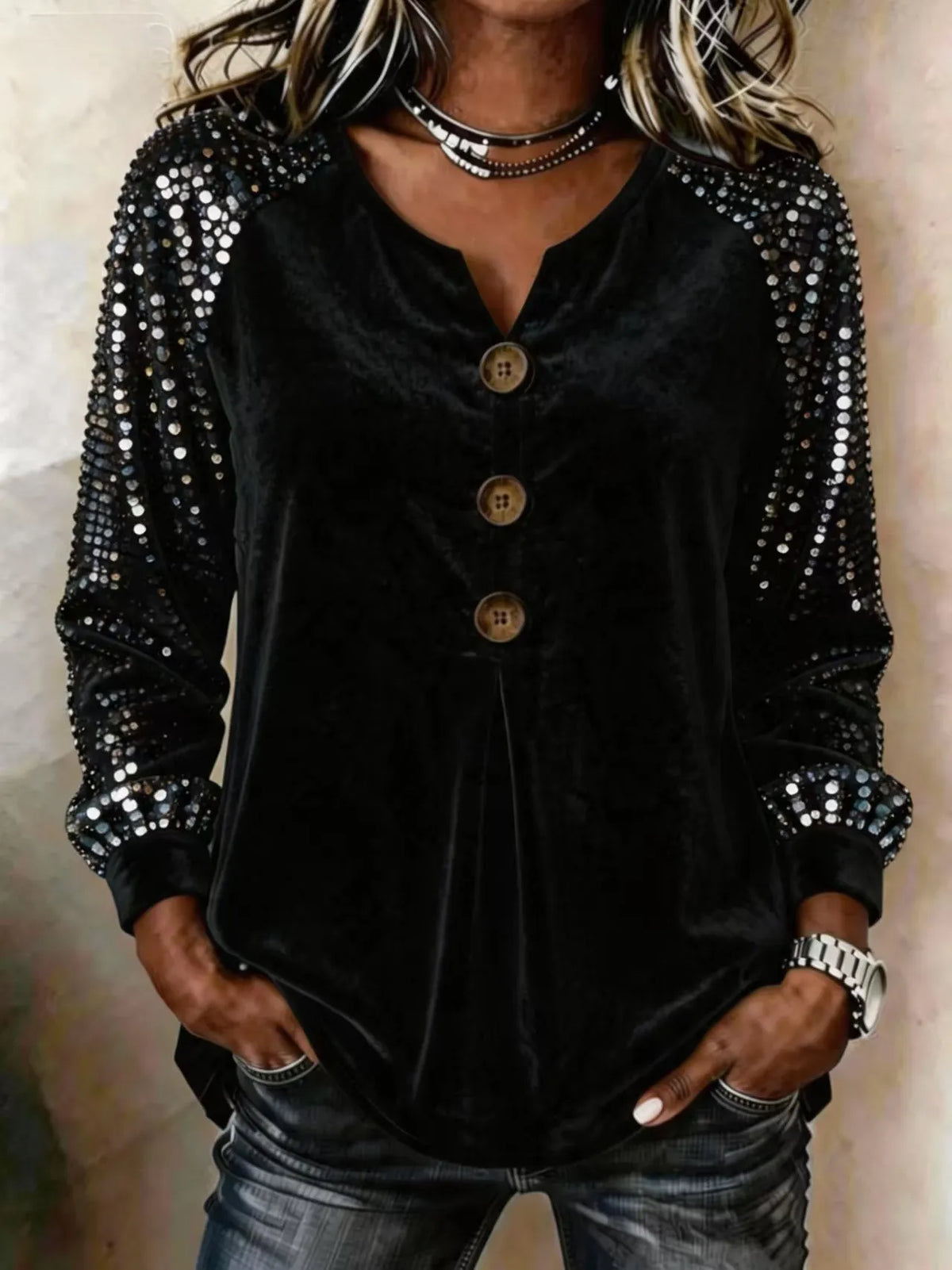 Women's Velvet Sequin Sleeve Button-Front Top – Sparkle Detail Blouse
