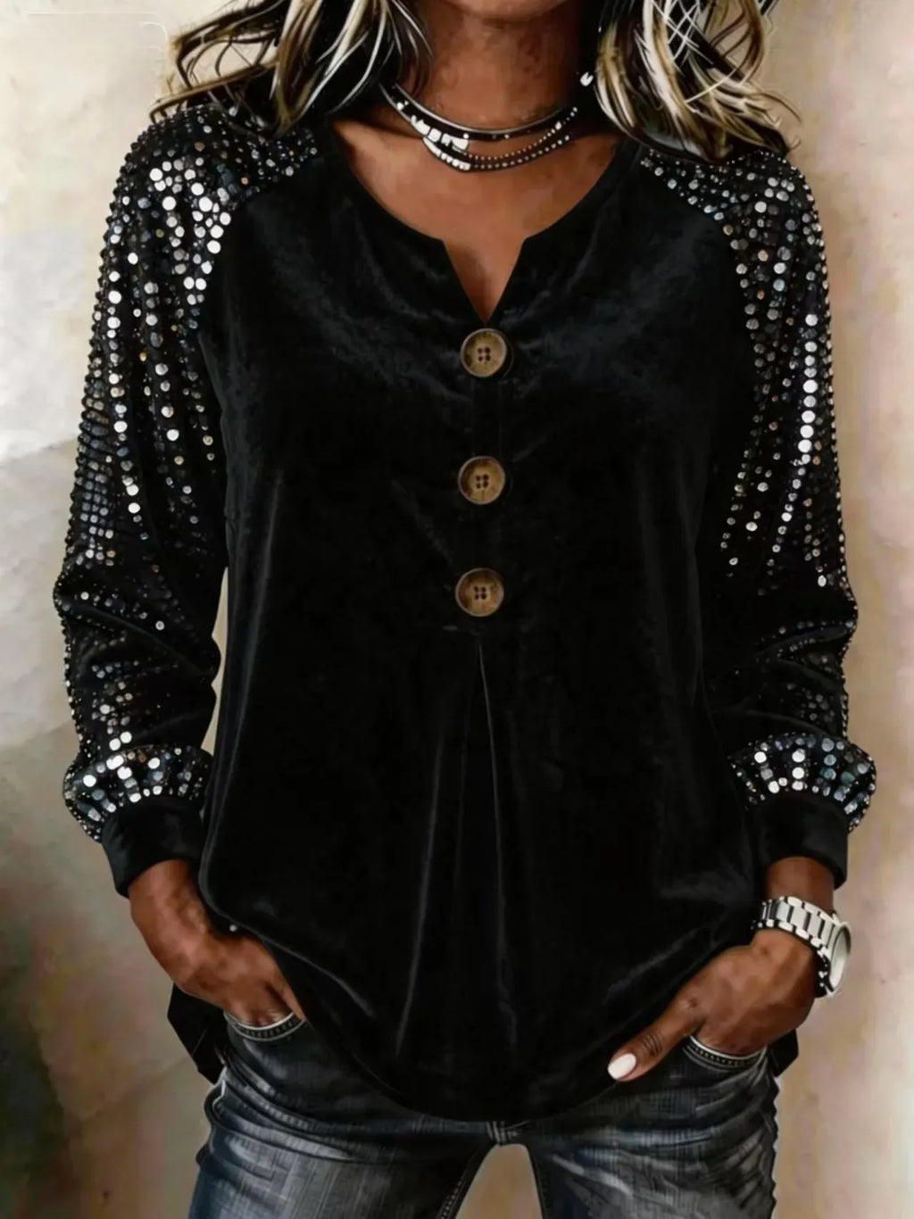 Women's Velvet Sequin Sleeve Button-Front Top – Sparkle Detail Blouse