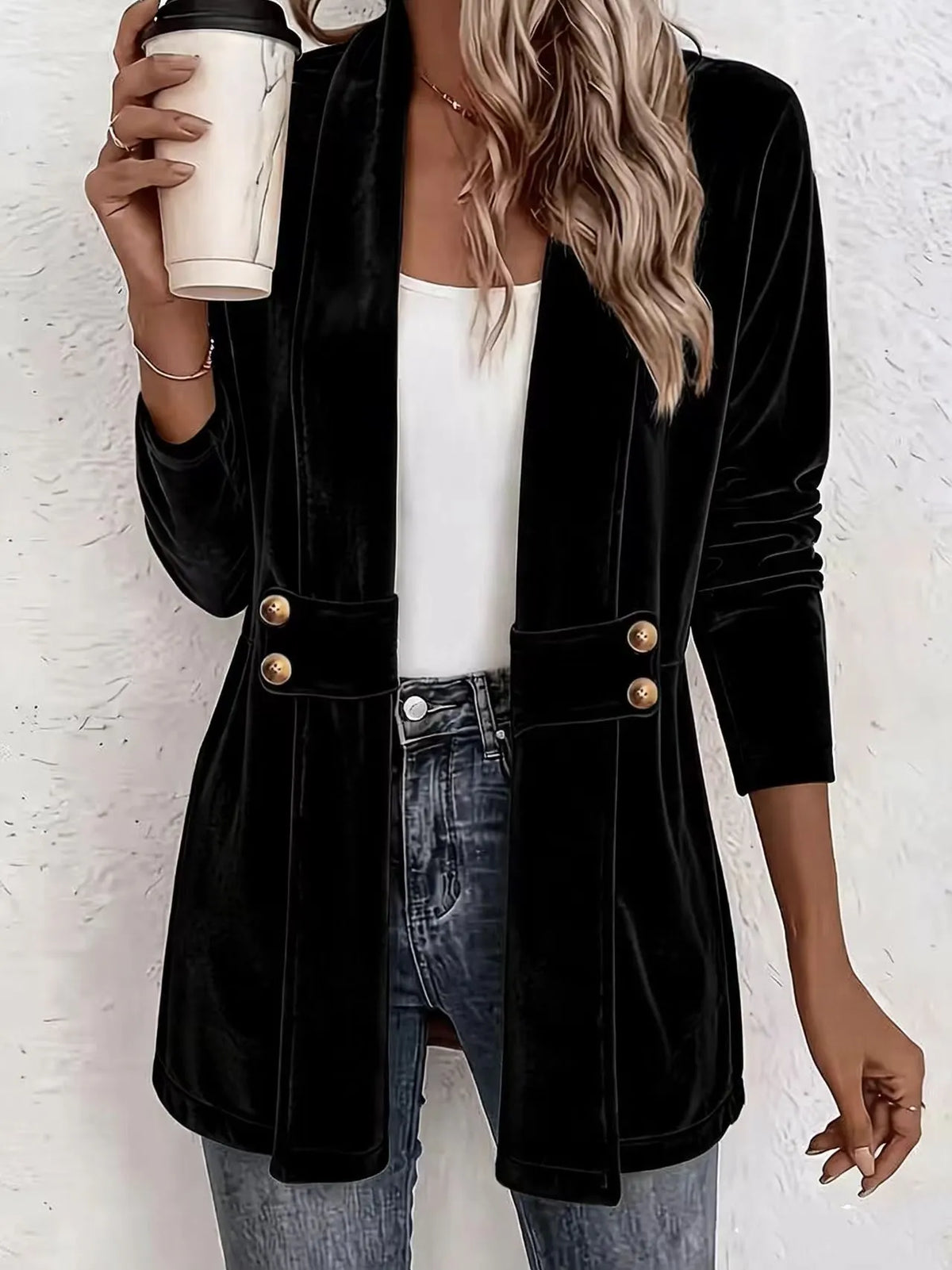 Women's Velvet Open-Front Longline Cardigan – Button Pocket Detail