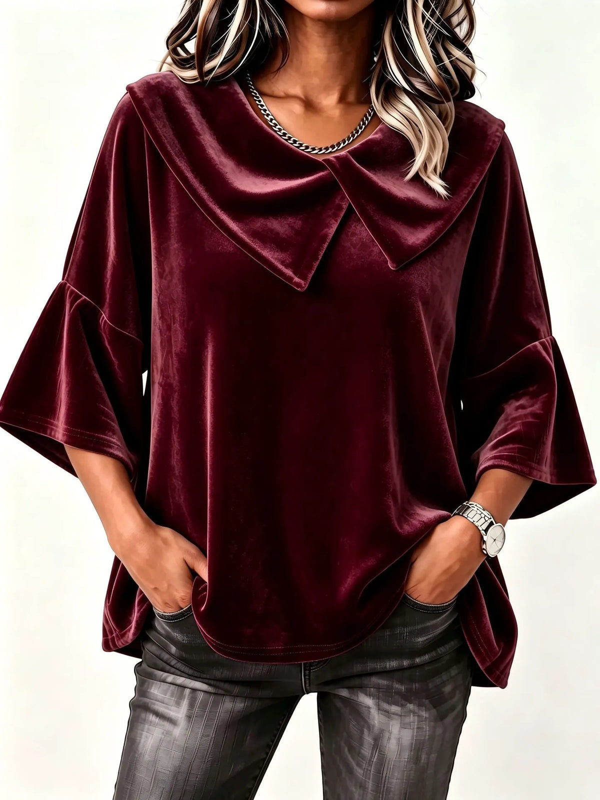 Women's Velvet Button-Front Collared Top - Relaxed Long Sleeve