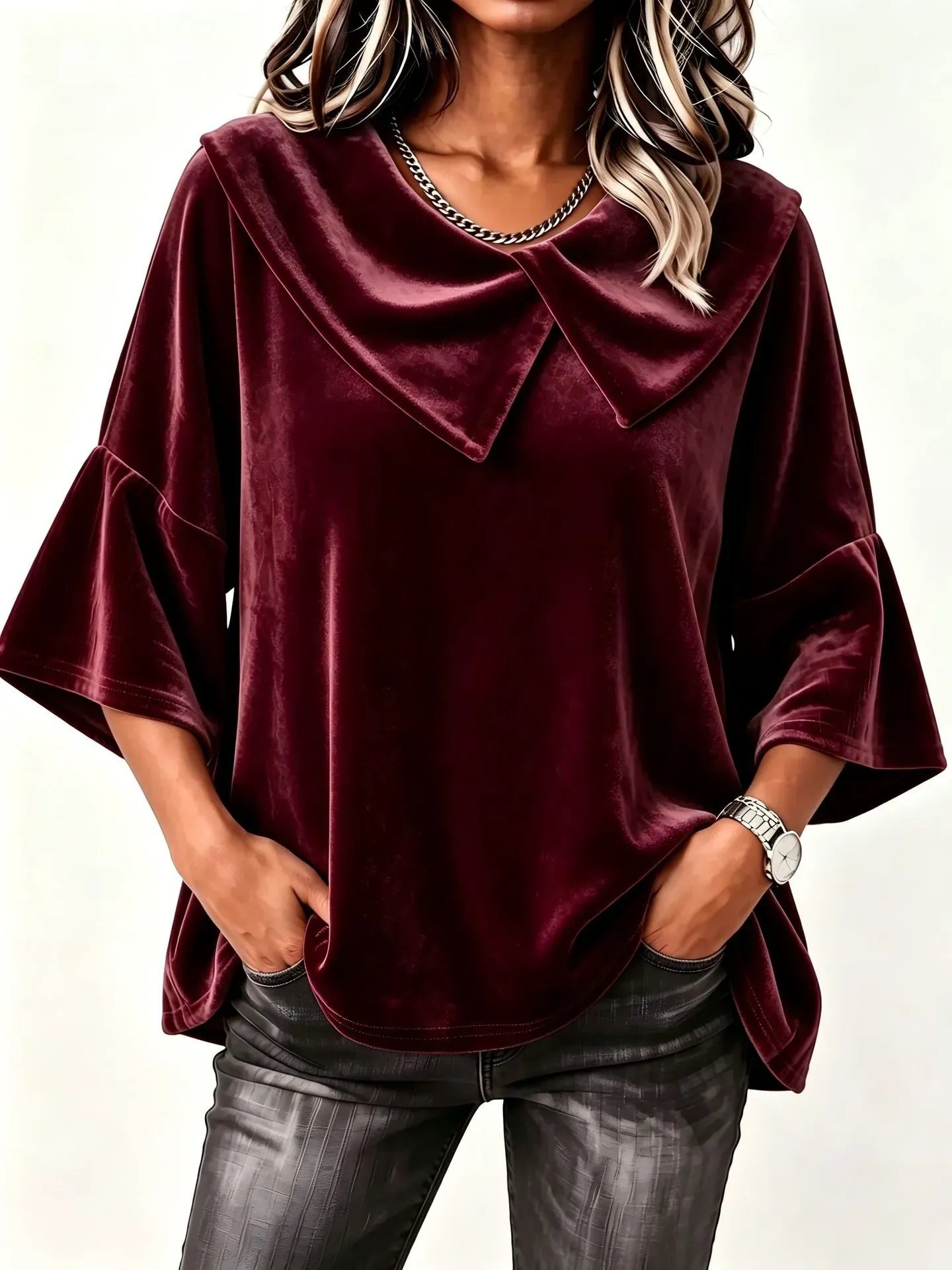 Women's Velvet Button-Front Collared Top - Relaxed Long Sleeve