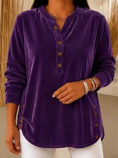 Women's Velvet Button-Front Long Sleeve Top – Relaxed Fit Henley Blouse