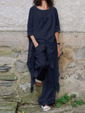 Casual Loose Irregular 3/4 Sleeve Cotton and Linen Two-piece Suit
