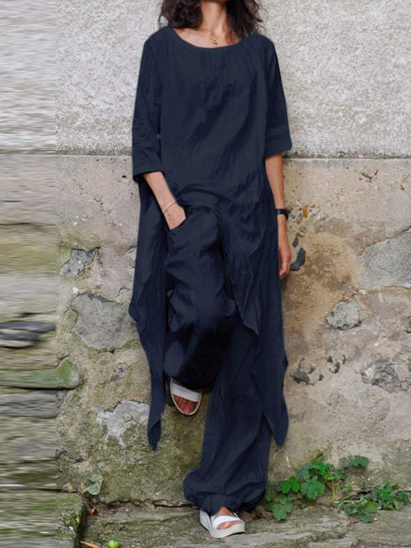 Casual Loose Irregular 3/4 Sleeve Cotton and Linen Two-piece Suit