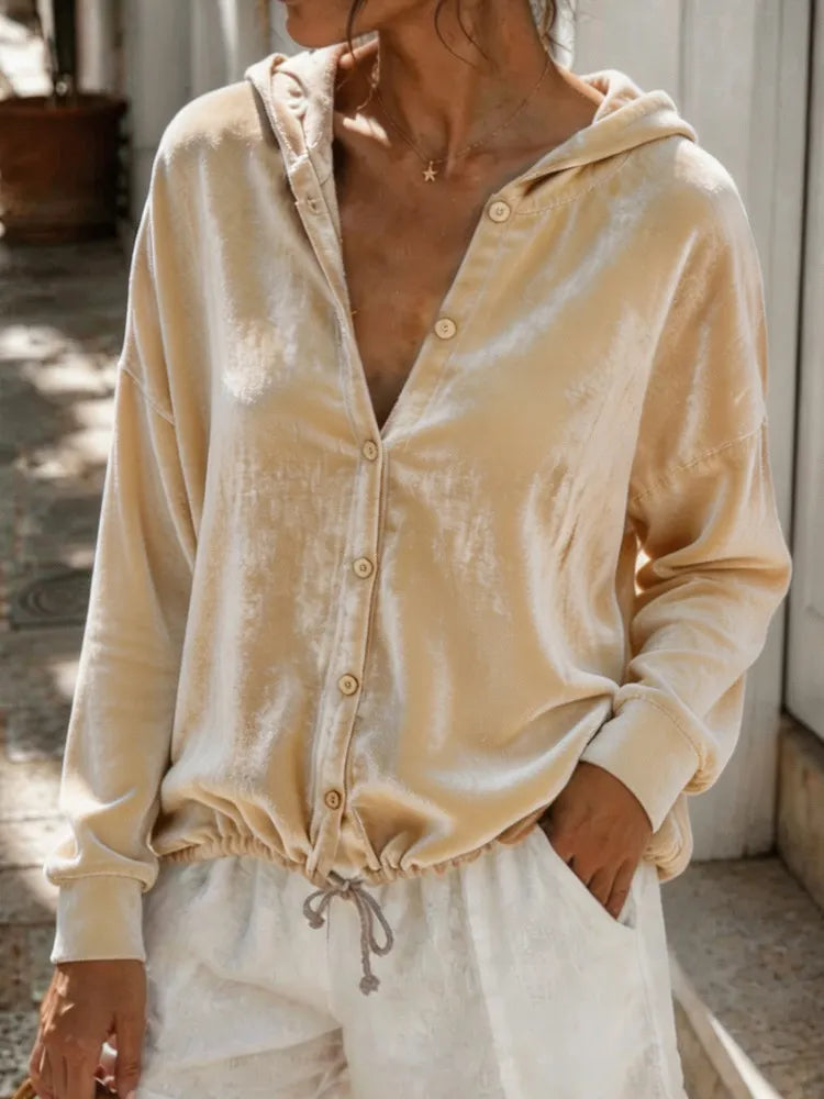 Women's Velvet Hooded Button-Front Top - Relaxed Pullover
