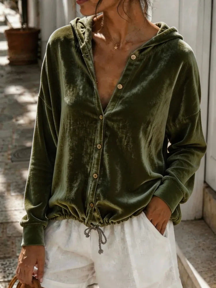 Women's Velvet Hooded Button-Front Top - Relaxed Pullover