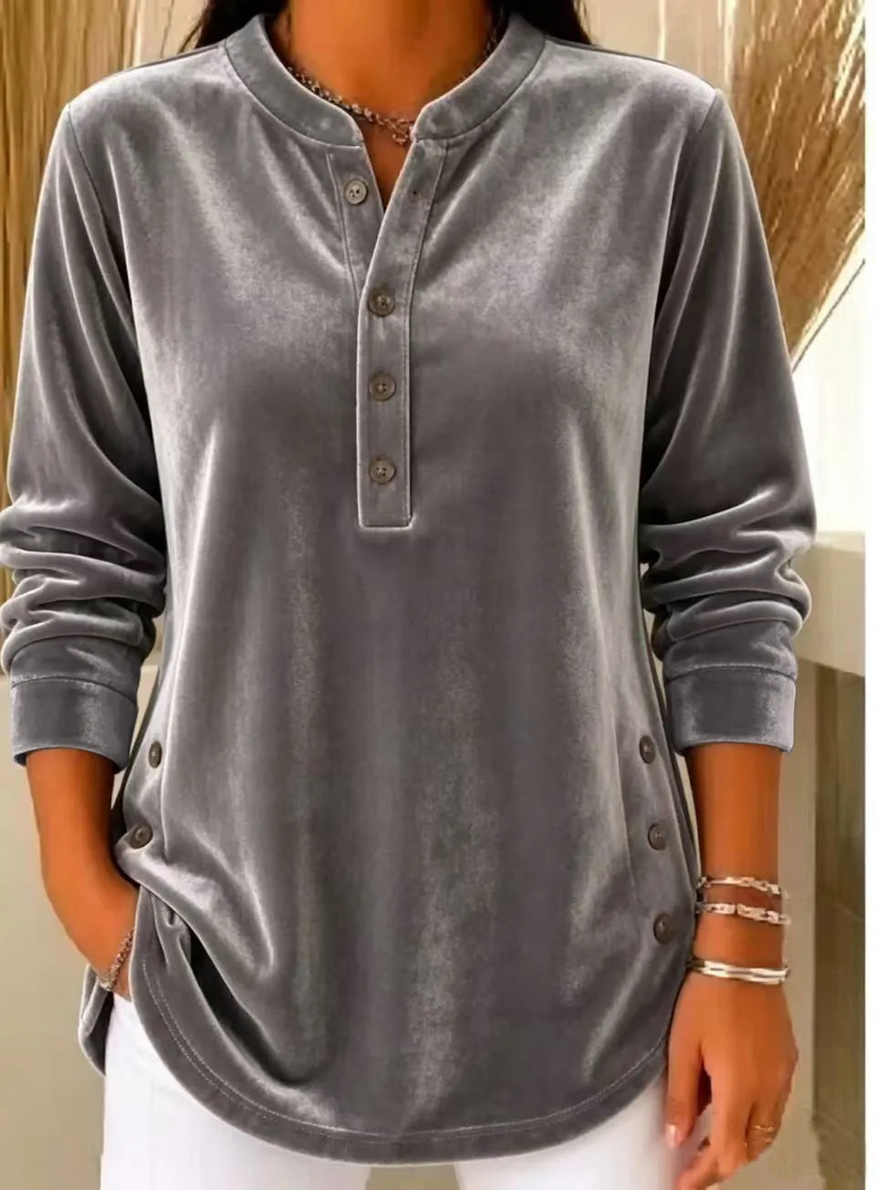 Women's Velvet Button-Front Long Sleeve Top – Relaxed Fit Henley Blouse