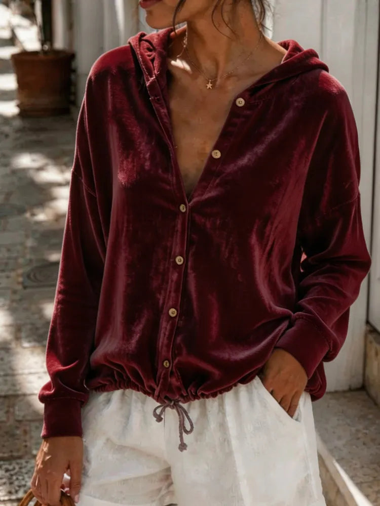Women's Velvet Hooded Button-Front Top - Relaxed Pullover