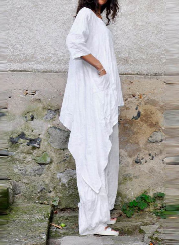 Casual Loose Irregular 3/4 Sleeve Cotton and Linen Two-piece Suit