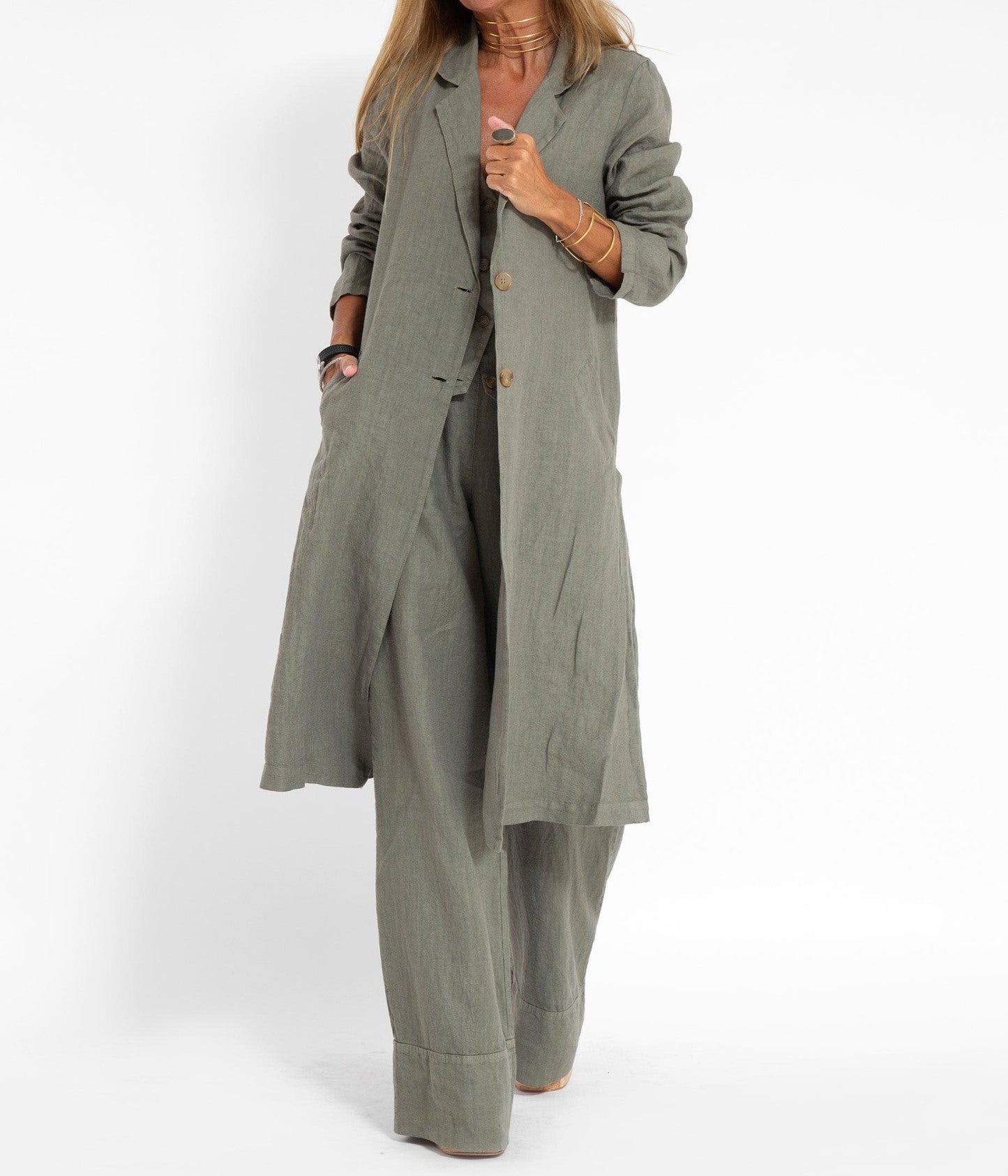 Women Green Taupe Linen Coat
