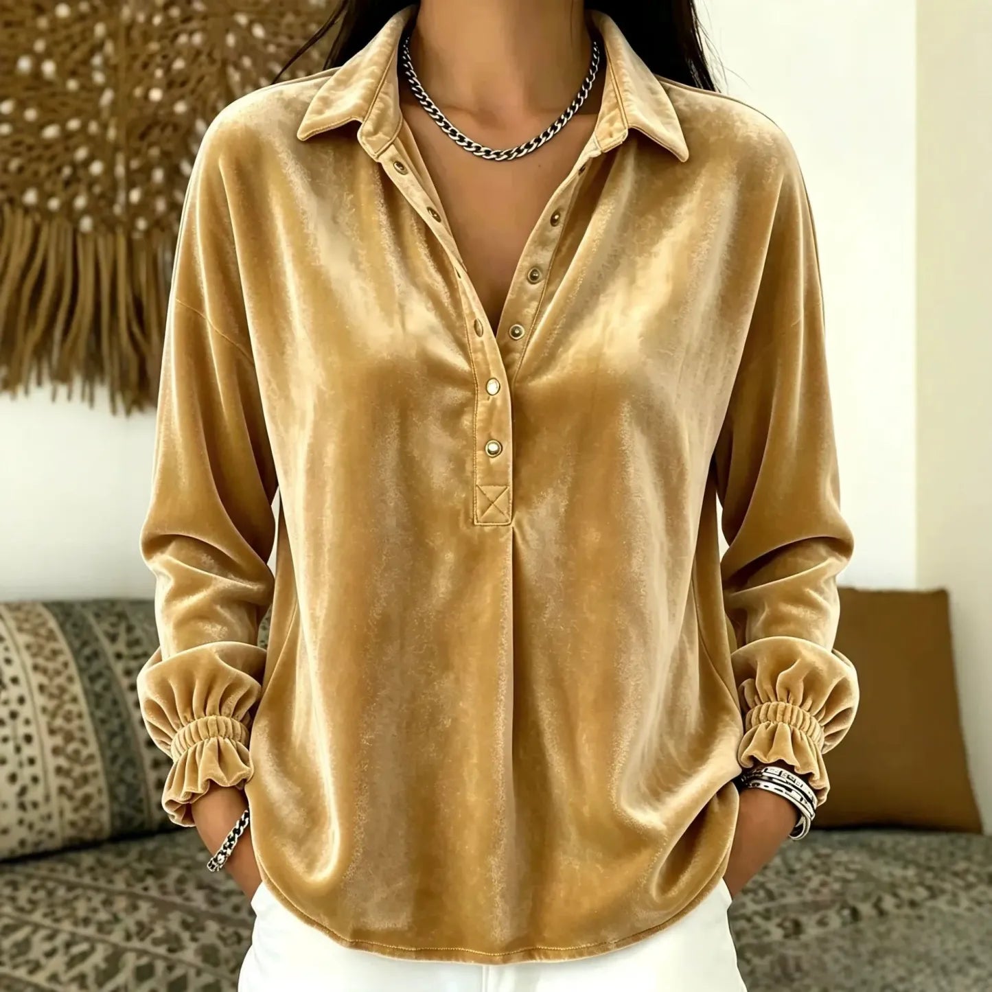 Women's Velvet Collared Button-Front Top - Gathered Cuff Blouse