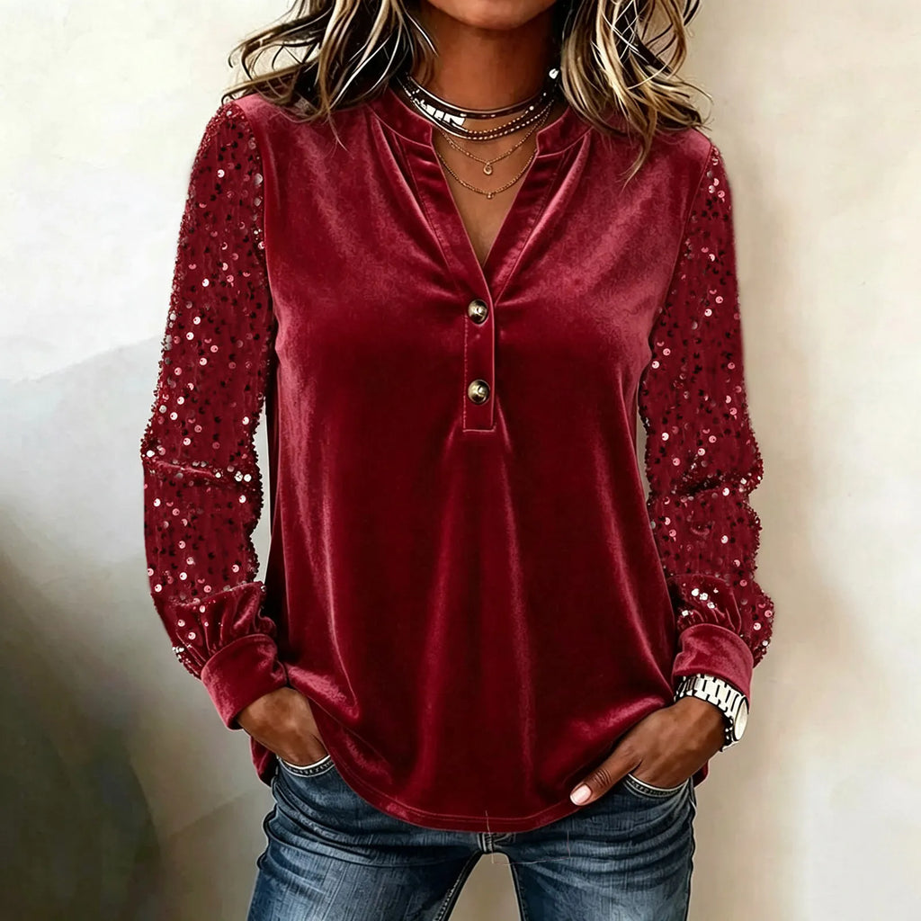 Women's Velvet V-Neck Sequin Sleeve Top - Two-Button Party Blouse