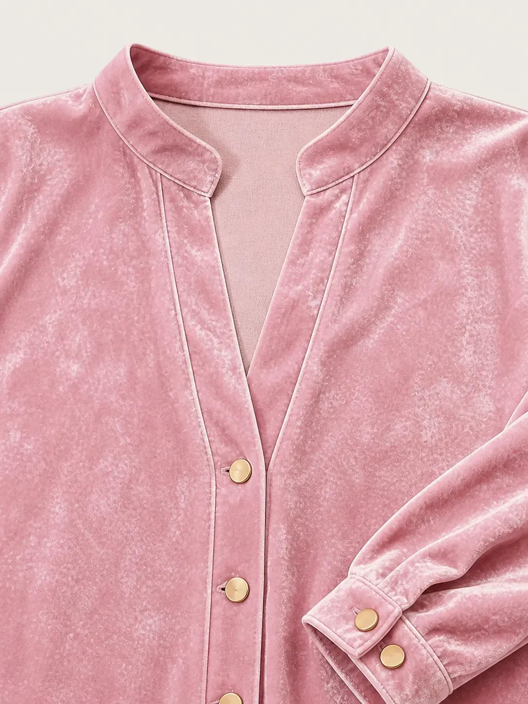 Women's Velvet V-Neck Button-Front Long Sleeve Top