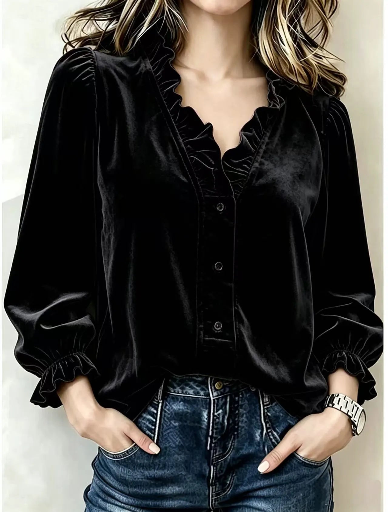 Women's Velvet Ruffle V-Neck Blouse – Button Front Puff Sleeve Top
