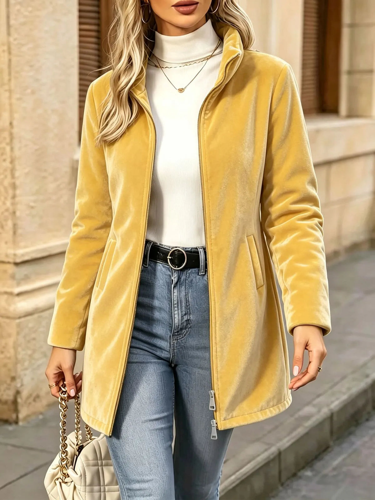 Women's Velvet Zip-Up Jacket – Relaxed Fit Casual Outerwear