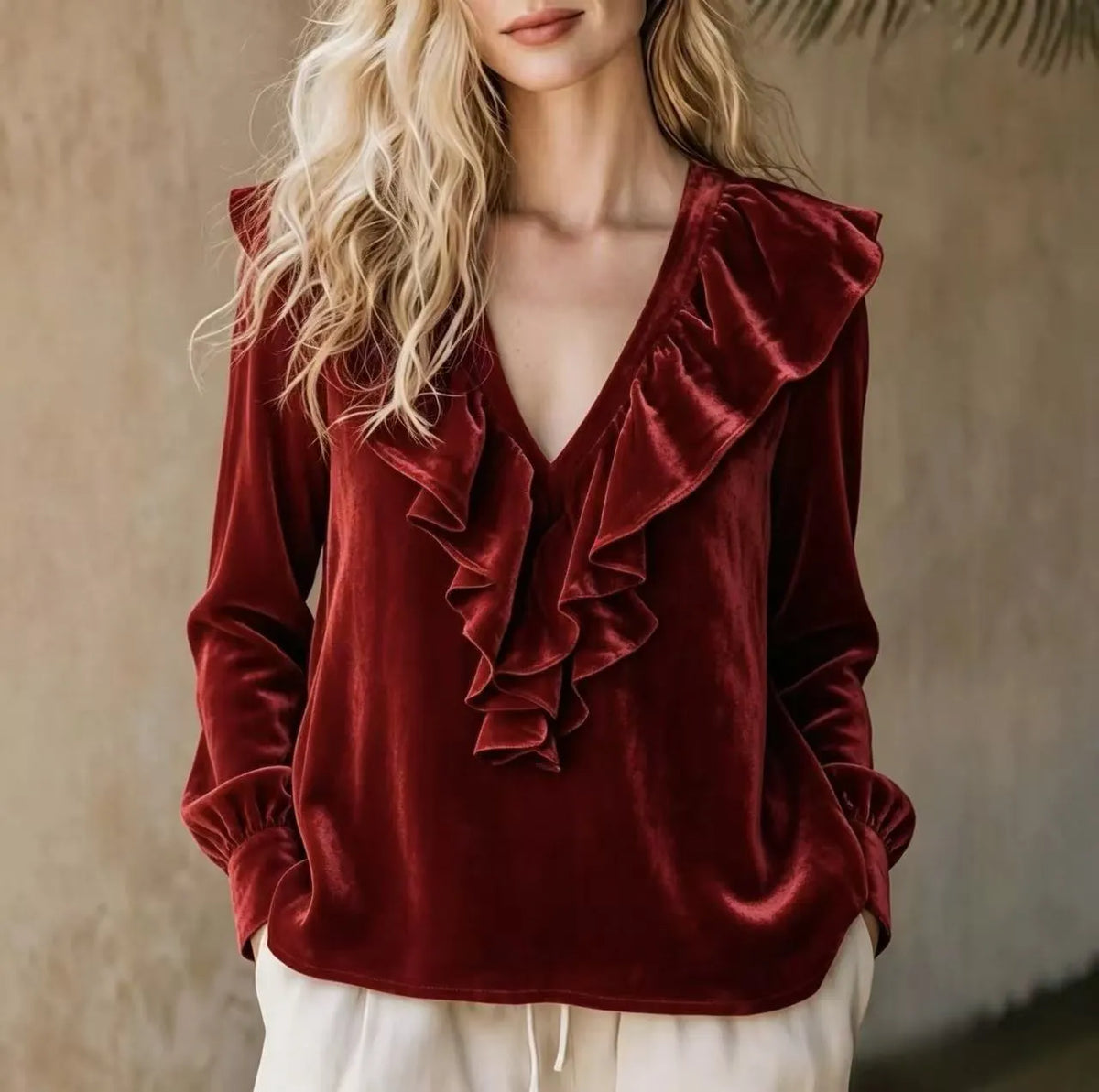Women's Velvet V-Neck Ruffle Blouse - Romantic Long Sleeve Top