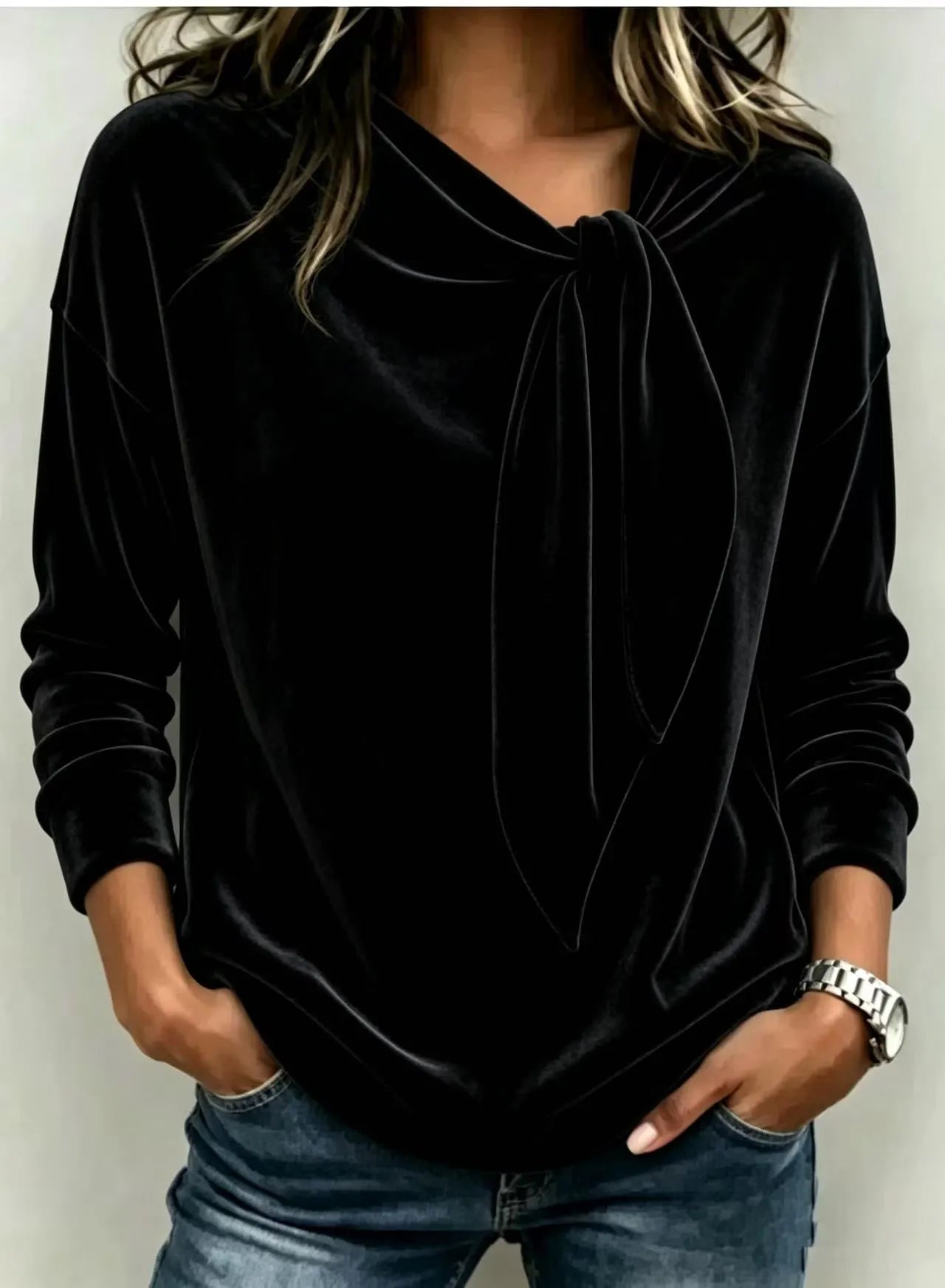 Women's Velvet Bow Detail Long Sleeve Top – Soft Elegant Blouse