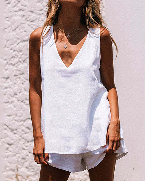 Plus Size White Casual Linen Cotton V Neck Shorts Set