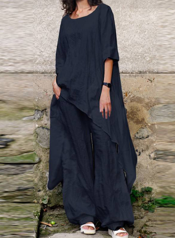 Casual Loose Irregular 3/4 Sleeve Cotton and Linen Two-piece Suit