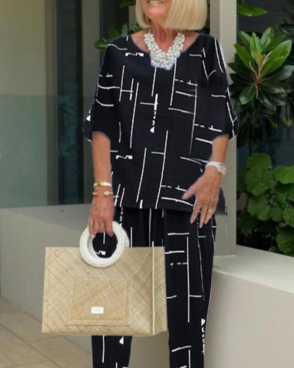 Printing Casual Two-piece 3/4 Length Pants Suits