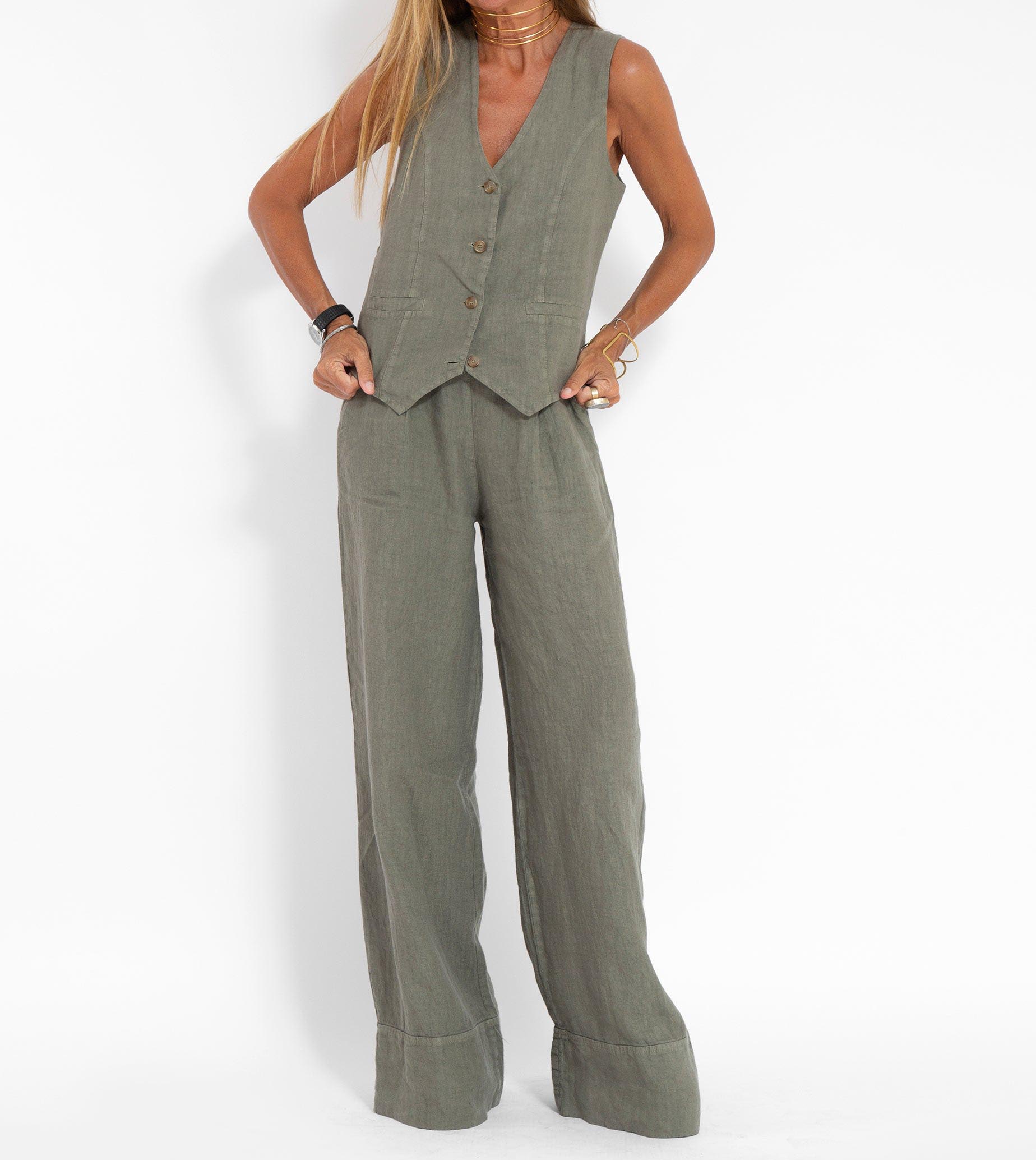 Women Casual Cotton Linen Waistcoat Two Set Suits
