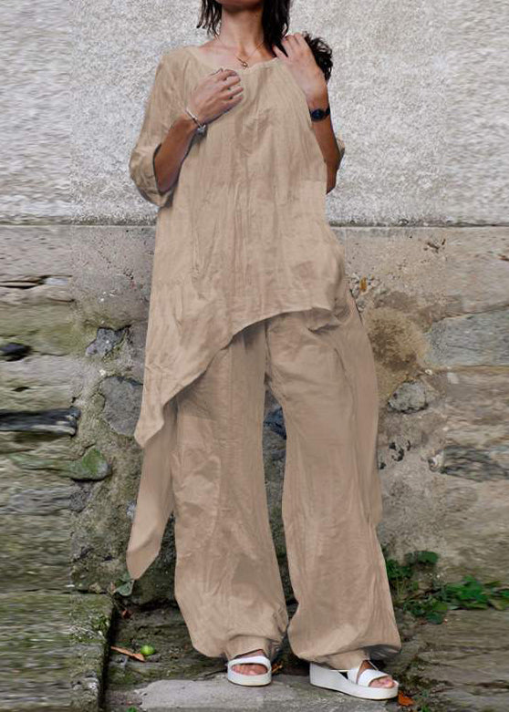 Casual Loose Irregular 3/4 Sleeve Cotton and Linen Two-piece Suit