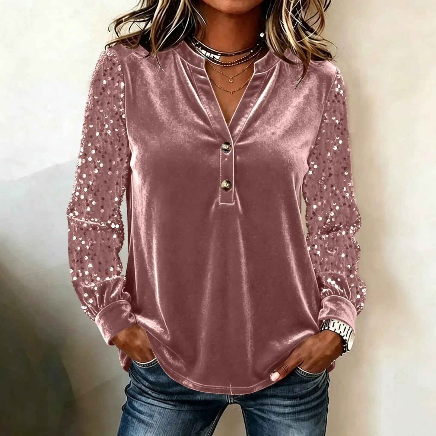 Women's Velvet V-Neck Sequin Sleeve Top - Two-Button Party Blouse