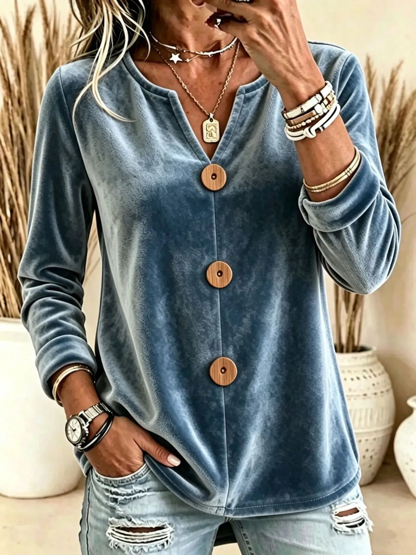 Women's Velvet V-Neck Button Long Sleeve Top – Relaxed Fit