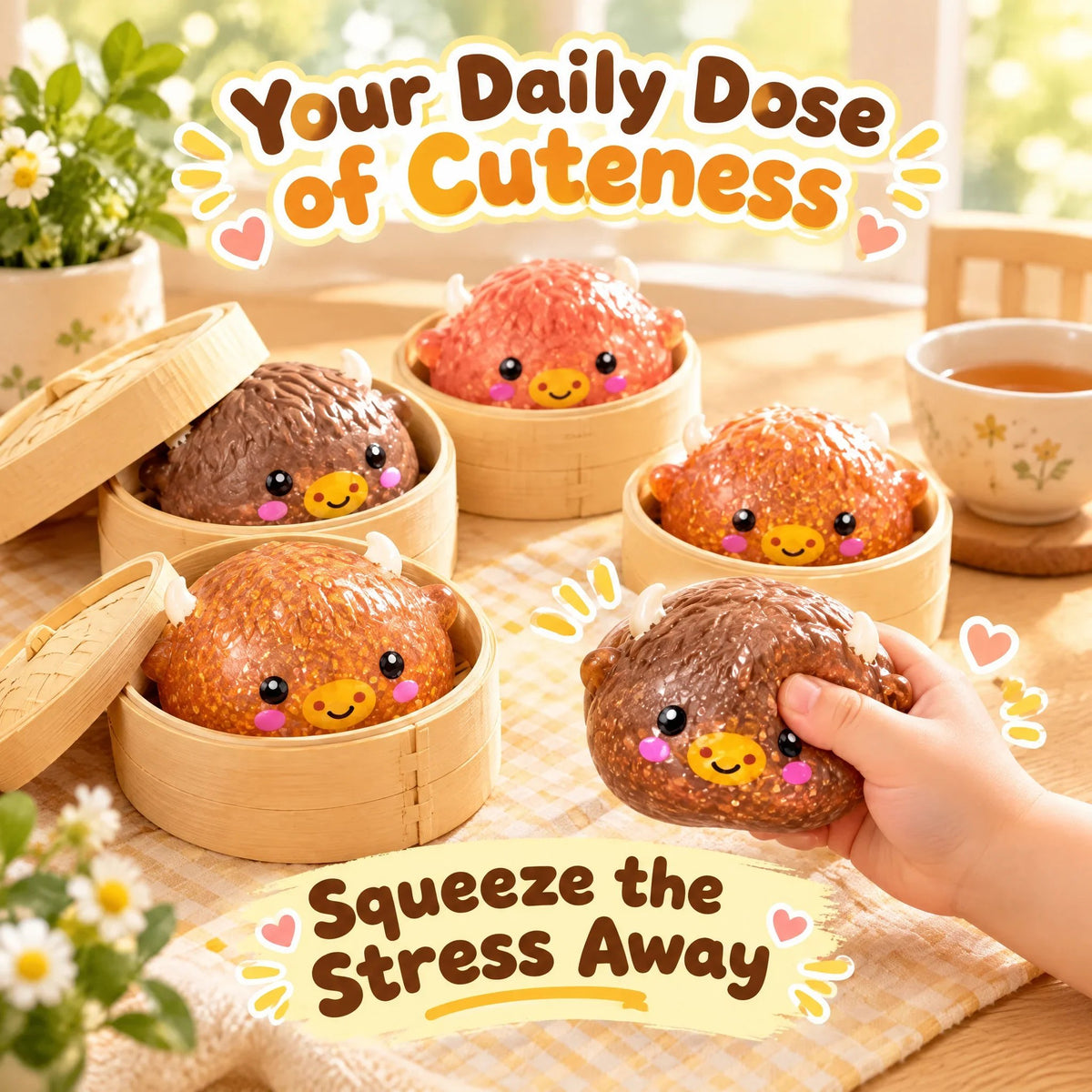Highland cow dumpling squishy toys in their steamer boxes beside a cup of tea, with the text Your Daily Dose of Cuteness