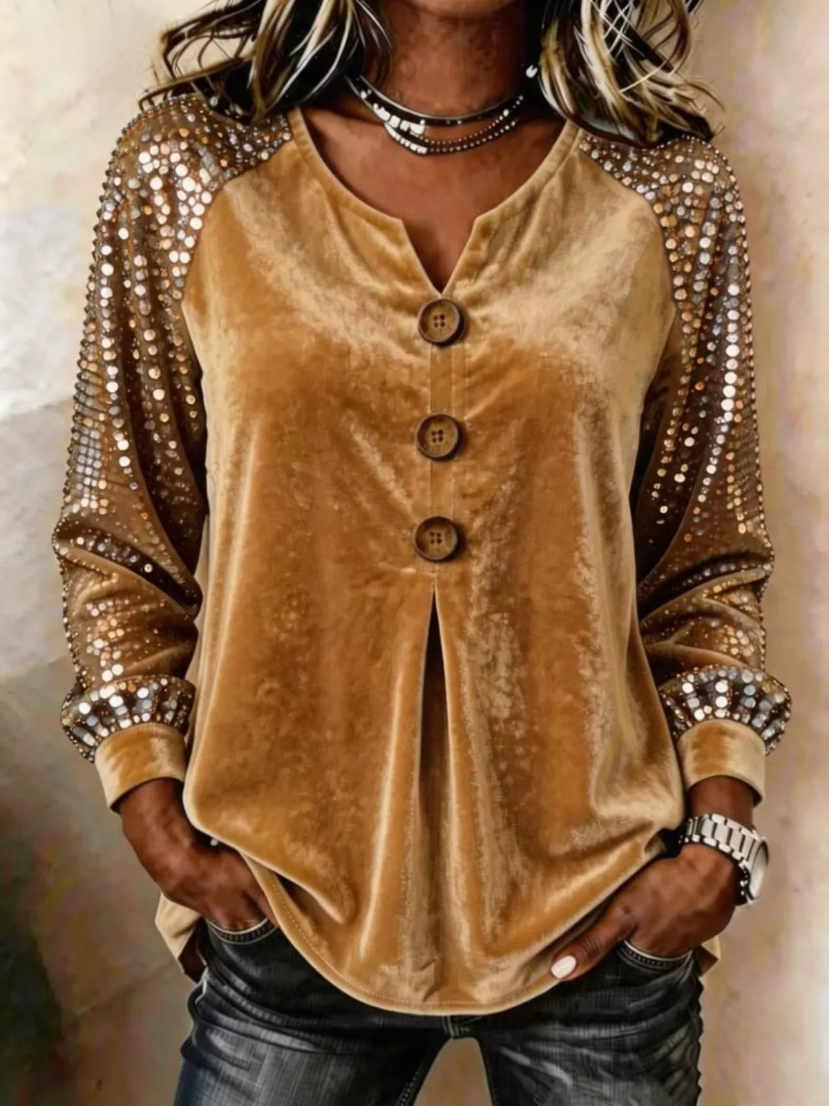 Women's Velvet Sequin Sleeve Button-Front Top – Sparkle Detail Blouse