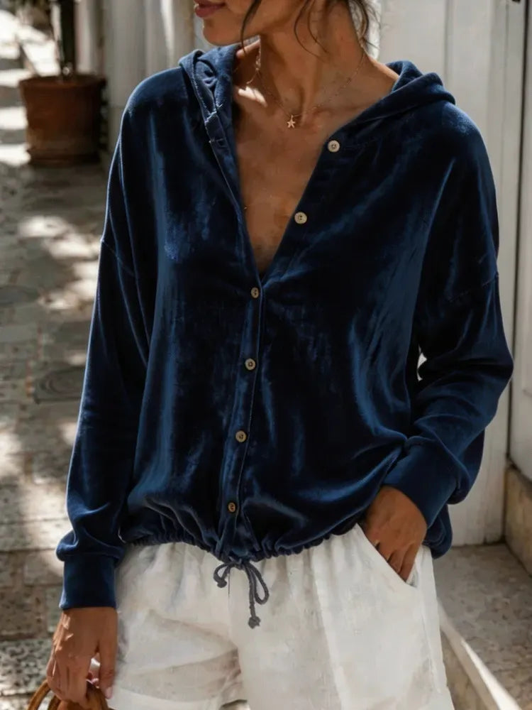 Women's Velvet Hooded Button-Front Top - Relaxed Pullover
