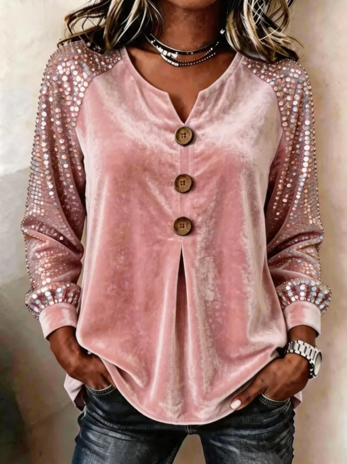 Women's Velvet Sequin Sleeve Button-Front Top – Sparkle Detail Blouse