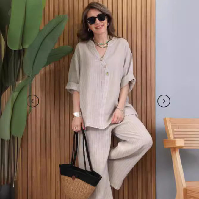 2pcs Plus Size V-Neck Button Up Long Sleeve Linen Top+Pants