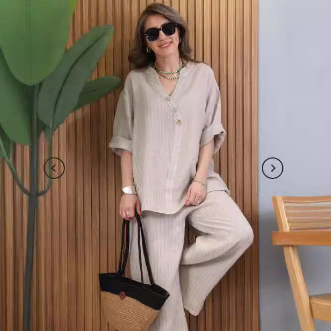 2pcs Plus Size V-Neck Button Up Long Sleeve Linen Top+Pants